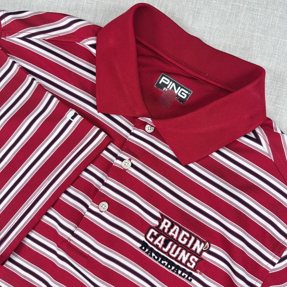 PING Polo Shirt Mens XL Red White Striped Ragin Cajuns Baseball Diamond Club